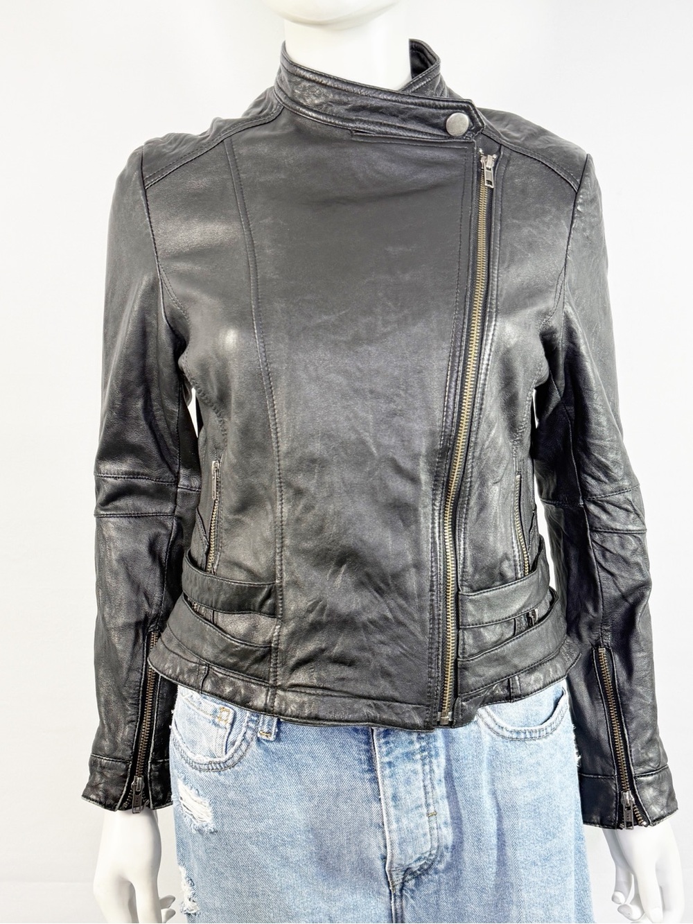 Dallin Chase Black Washed Leather Women's Moto Jacket Size L Biker Zip Up